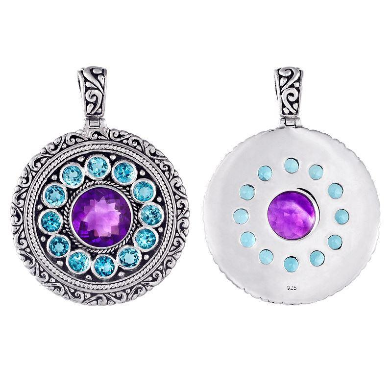 Sterling silver round pendant with amethyst quartz center and blue topaz quartz halo, wholesale jewelry from Indonesia