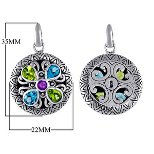 Sterling silver round pendant with amethyst quartz center and alternating peridot and blue topaz quartz, wholesale jewelry Indonesia