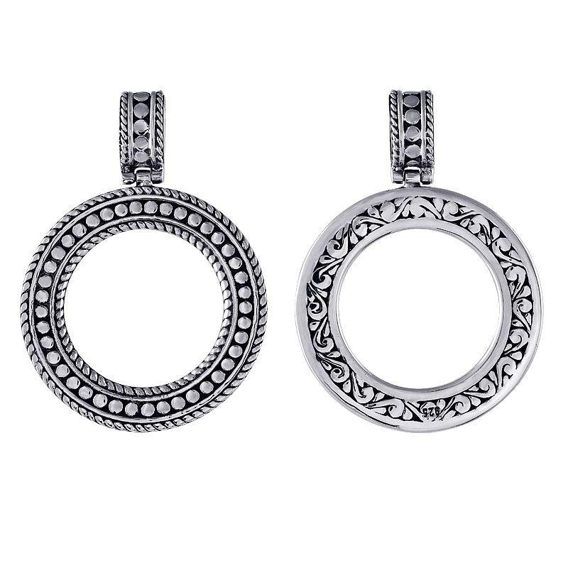 Sterling silver round pendant with dotted and floral Bali patterns, handcrafted in Indonesia