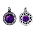 Sterling silver round pendant with faceted amethyst quartz and Bali floral detailing, handcrafted in Indonesia