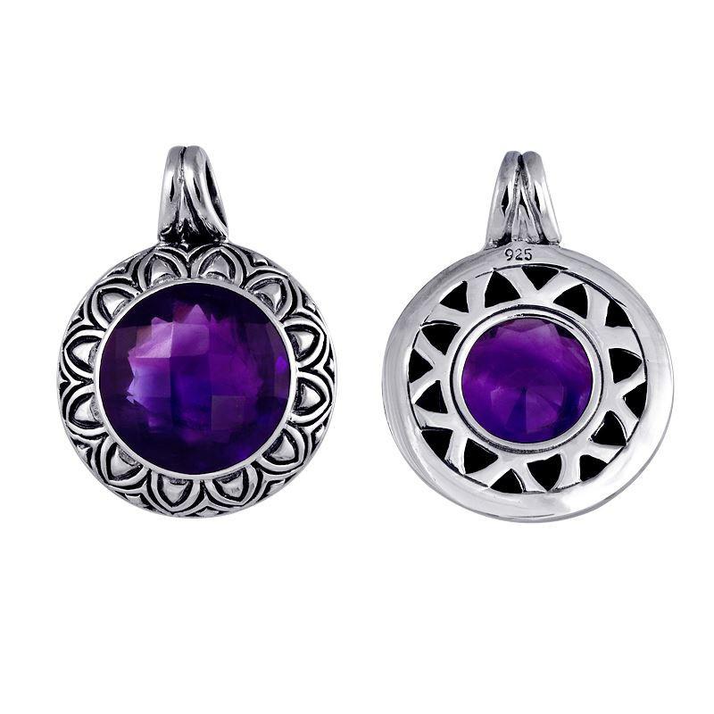 Sterling silver round pendant with faceted amethyst quartz and Bali floral detailing, handcrafted in Indonesia
