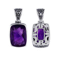 Sterling silver rectangular pendant with faceted amethyst quartz and ornate Bali detailing, handcrafted in Indonesia