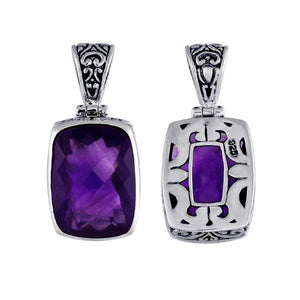Sterling silver rectangular pendant with faceted amethyst quartz and ornate Bali detailing, handcrafted in Indonesia