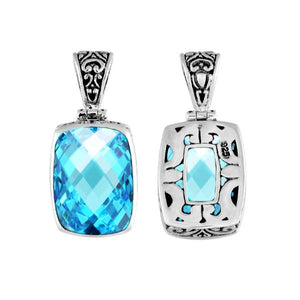 Sterling silver rectangular pendant with faceted blue topaz quartz and ornate Bali detailing, handcrafted in Indonesia