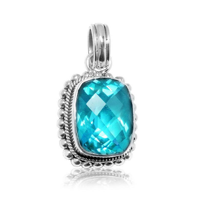 Sterling silver pendant with cushion-cut Blue Topaz Quartz, handcrafted in Bali