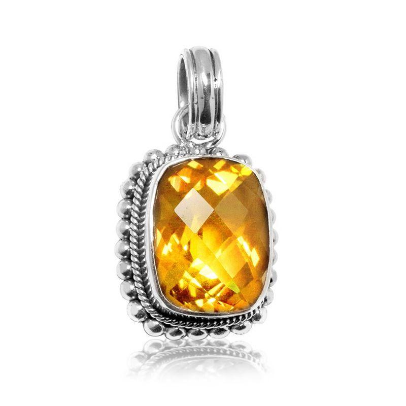 Sterling silver pendant with cushion-cut Citrine Quartz, handcrafted in Bali