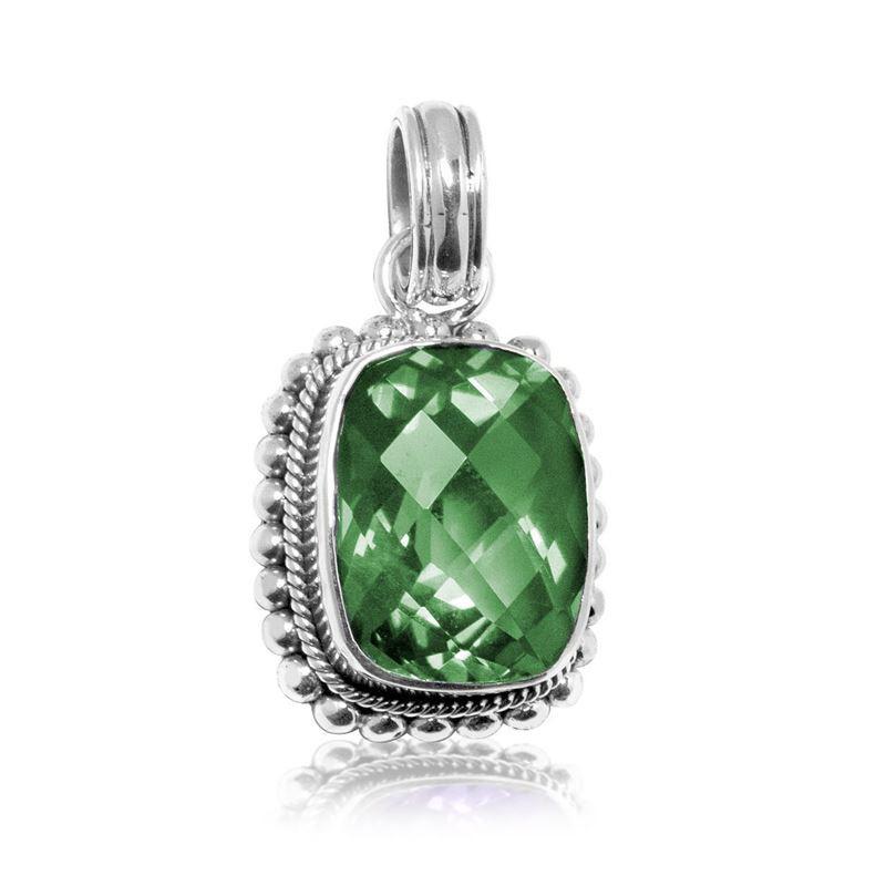 Sterling silver pendant with cushion-cut Green Quartz, handcrafted in Bali