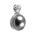 Sterling silver round pendant with Gray Mabe Pearl and scrollwork design, handcrafted in Bali