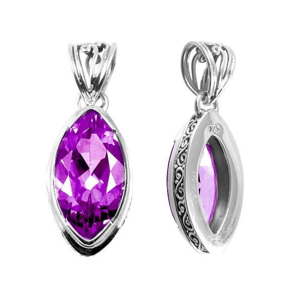 Amethyst Quartz marquise pendant in sterling silver with Balinese scroll design, wholesale jewelry from Bali.