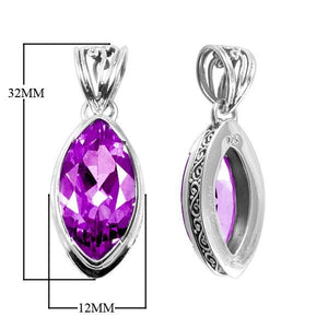 Amethyst Quartz marquise pendant in sterling silver with Balinese scroll design, wholesale jewelry from Bali.