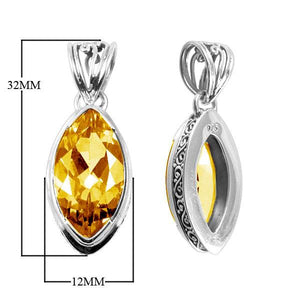 Citrine Quartz marquise pendant in sterling silver with Balinese scroll design, wholesale handcrafted jewelry from Bali.