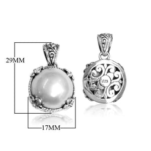 Mabe Pearl round pendant in sterling silver with Balinese scroll design, wholesale handcrafted jewelry from Bali.
