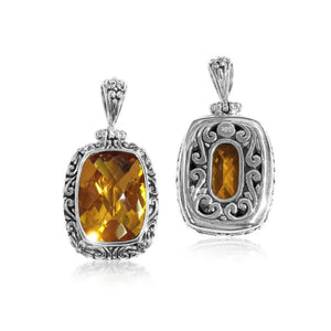 Citrine Quartz rectangular pendant in sterling silver with Balinese scroll design, wholesale handcrafted jewelry from Bali.