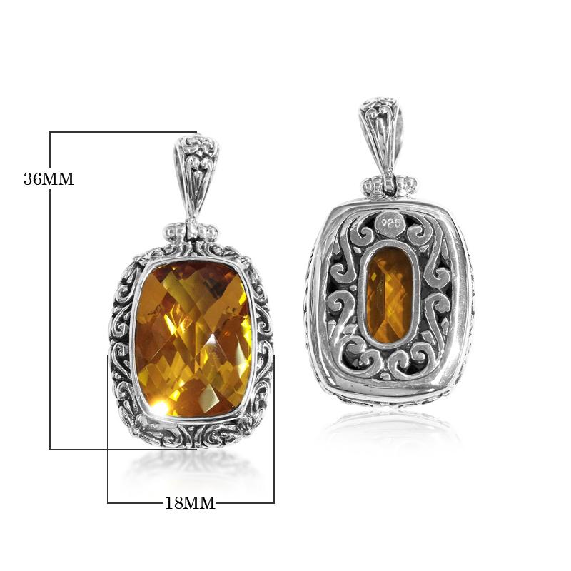 Citrine Quartz rectangular pendant in sterling silver with Balinese scroll design, wholesale handcrafted jewelry from Bali.