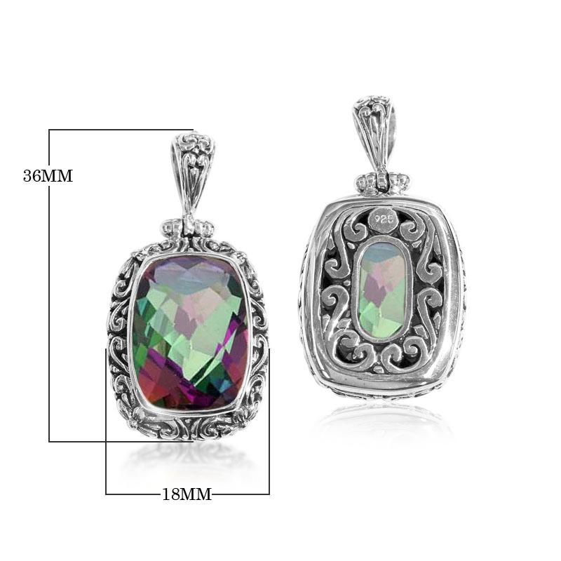 Mystic Topaz Quartz rectangular pendant in sterling silver with Balinese scroll design, wholesale handcrafted jewelry from Bali.