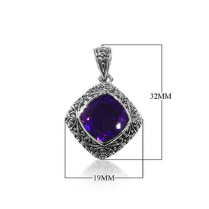 Sterling silver pendant with cushion-cut Amethyst Quartz and Balinese carvings, handcrafted in Bali.