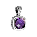 Wholesale Amethyst Quartz cushion-cut sterling silver pendant with Balinese scroll design, handcrafted in Bali.