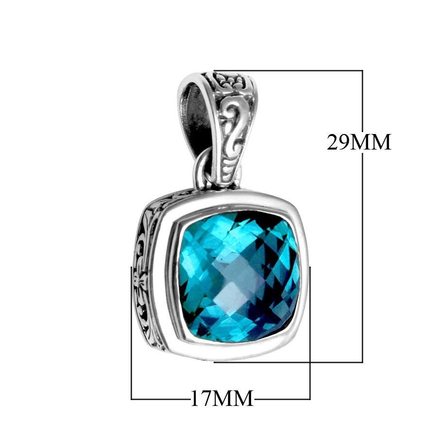 Wholesale Blue Topaz Quartz cushion-cut sterling silver pendant with Balinese scroll design, handcrafted in Bali.