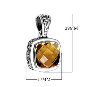 Wholesale Citrine Quartz cushion-cut sterling silver pendant with Balinese scroll design, handcrafted in Bali.