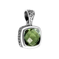 Wholesale Green Amethyst Quartz cushion-cut sterling silver pendant with Balinese scroll design, handcrafted in Bali.