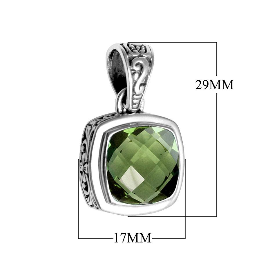 Wholesale Green Amethyst Quartz cushion-cut sterling silver pendant with Balinese scroll design, handcrafted in Bali.