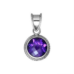 Wholesale Amethyst Quartz round sterling silver pendant with twisted rope bezel, handcrafted in Bali.