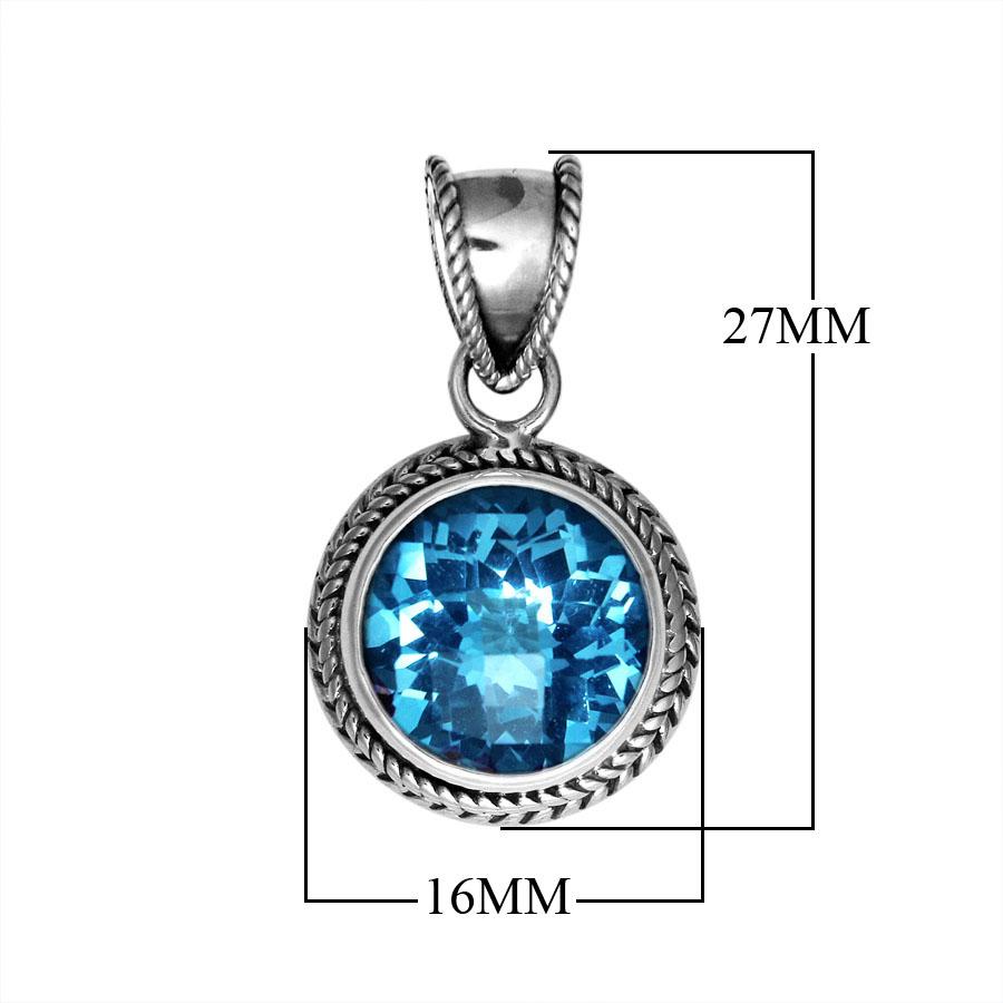 Wholesale Blue Topaz Quartz round sterling silver pendant with twisted rope bezel, handcrafted in Bali.