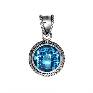 Wholesale Blue Topaz Quartz round sterling silver pendant with twisted rope bezel, handcrafted in Bali.