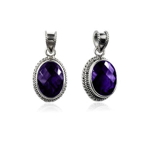 Sterling Silver Oval Amethyst Quartz Pendant with rope bezel handcrafted in Bali