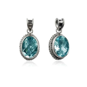 Sterling Silver Oval Blue Topaz Quartz Pendant with rope detailing handcrafted in Bali
