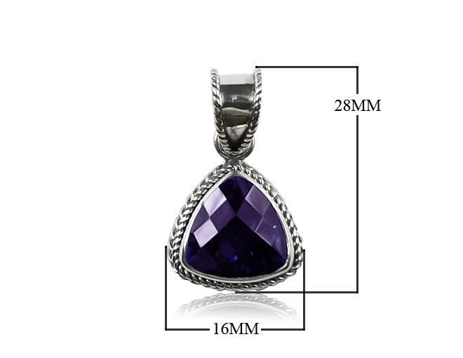 Sterling Silver Trillion Amethyst Quartz Pendant with rope bezel handcrafted in Bali