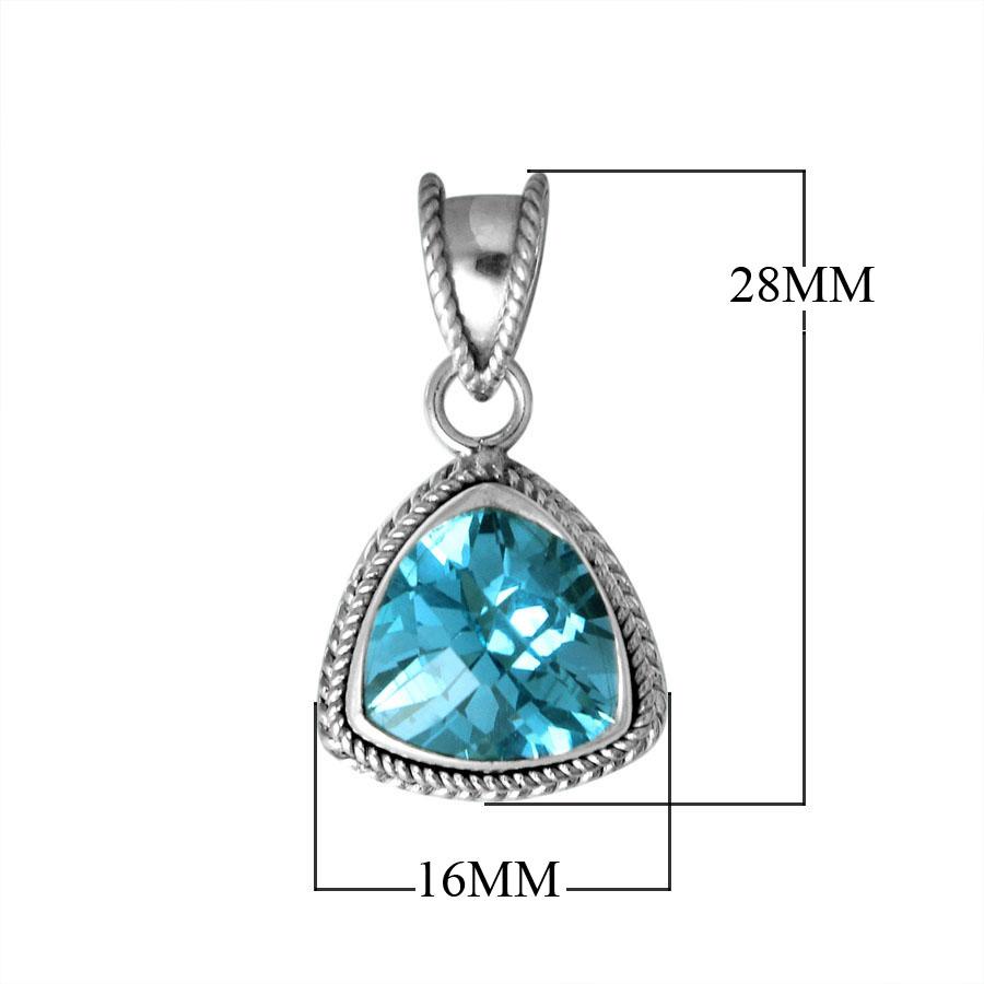 Sterling Silver Trillion Blue Topaz Quartz Pendant with rope bezel handcrafted in Bali