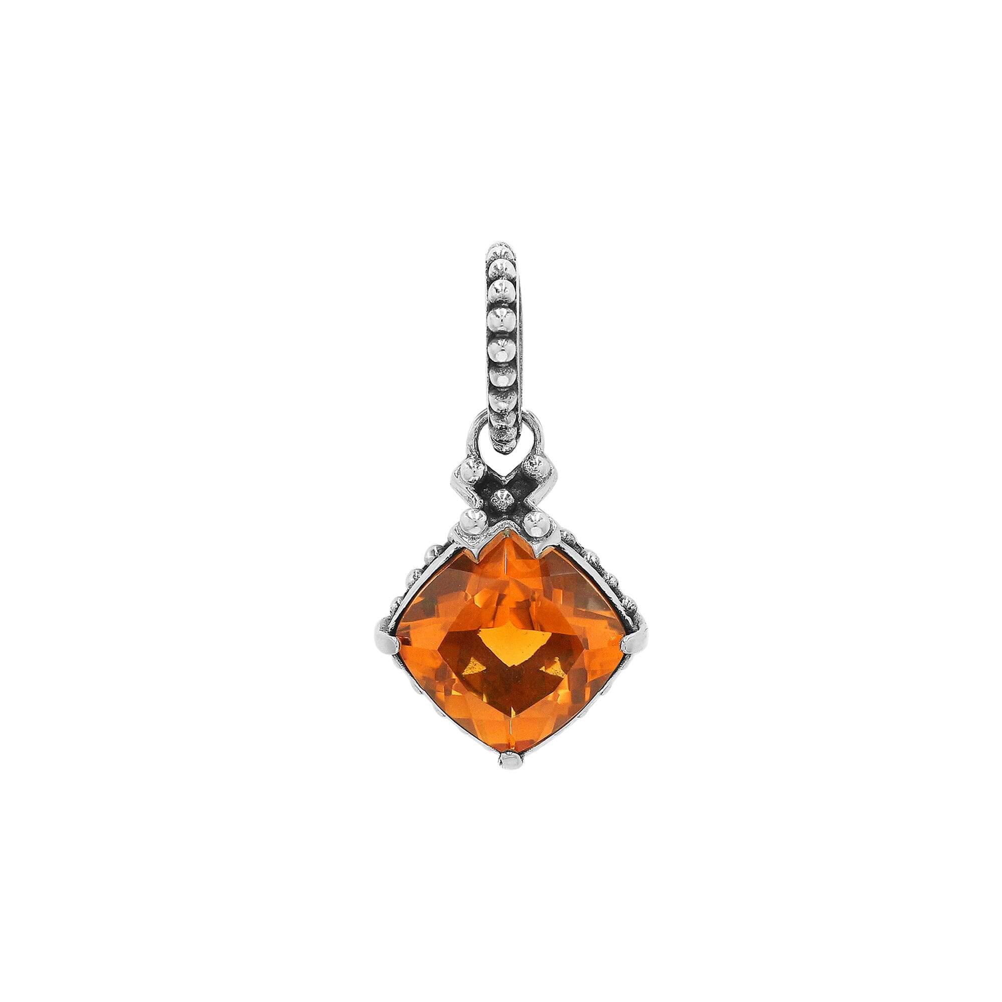 Sterling Silver Citrine Quartz Cushion Pendant with beaded bail handcrafted in Bali