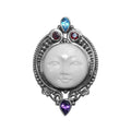 Sterling Silver Moon Face Pendant with Amethyst, Blue Topaz, and Garnet Quartz handcrafted in Bali