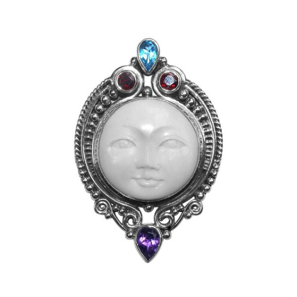 AP-6095-CO1 Sterling Silver Pendant With Bone Face, Amethyst Q., Blue Topaz Q. & Garnet Q. Jewelry Bali Designs Inc 