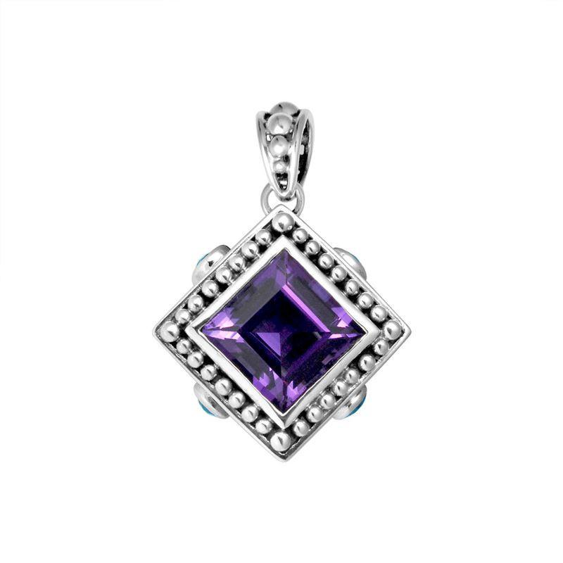 Sterling Silver Square Pendant with Amethyst Quartz and Blue Topaz Quartz handcrafted in Bali