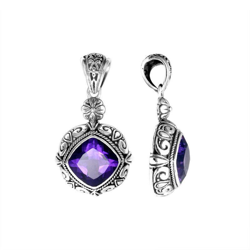 Sterling Silver Ornate Amethyst Quartz Cushion Pendant with Balinese detailing handcrafted in Bali