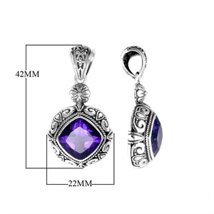 Sterling Silver Ornate Amethyst Quartz Cushion Pendant with Balinese detailing handcrafted in Bali