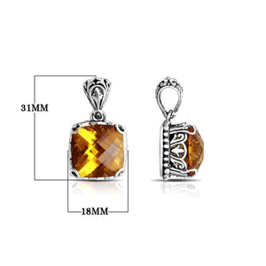 Sterling silver pendant with cushion-cut citrine quartz, Balinese handcrafted with ornate detailing and oxidized finish.