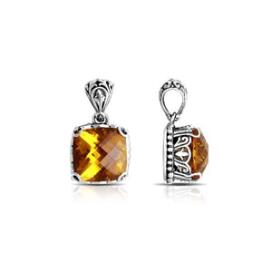 Sterling silver pendant with cushion-cut citrine quartz, Balinese handcrafted with ornate detailing and oxidized finish.