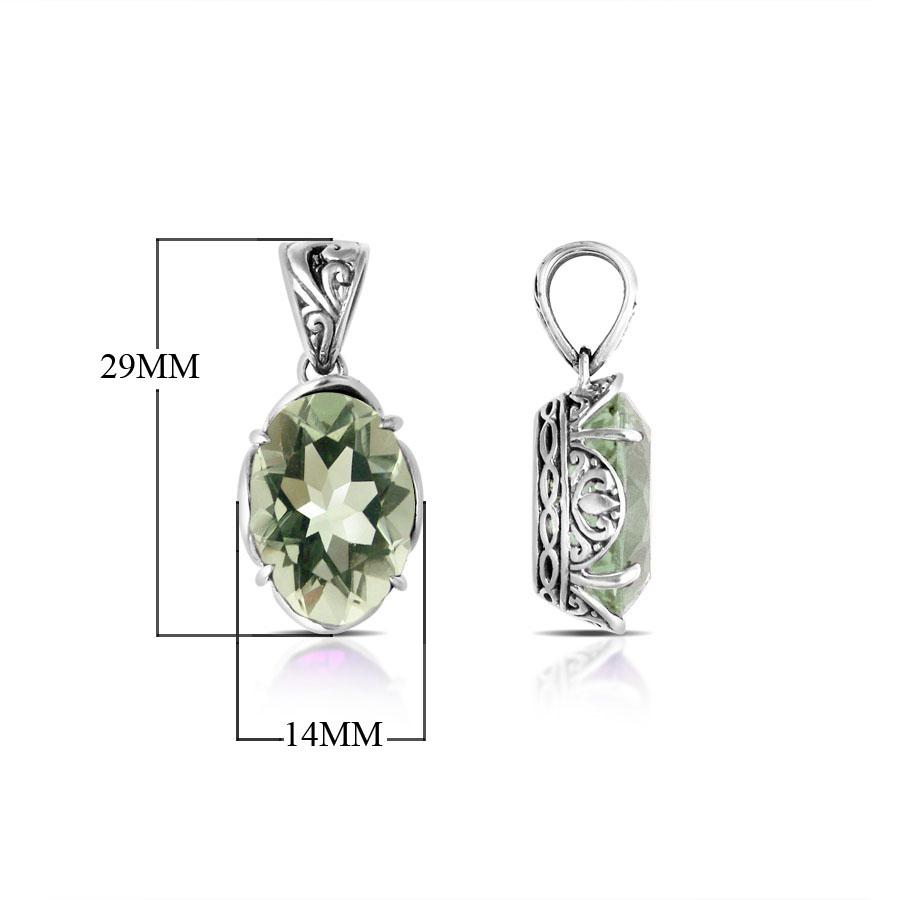 Sterling silver pendant with oval-cut green amethyst quartz, handcrafted in Bali with scroll detailing and oxidized finish.
