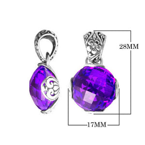 Wholesale sterling silver pendant with faceted Amethyst Quartz and floral swirl silver detailing, handcrafted in Bali.