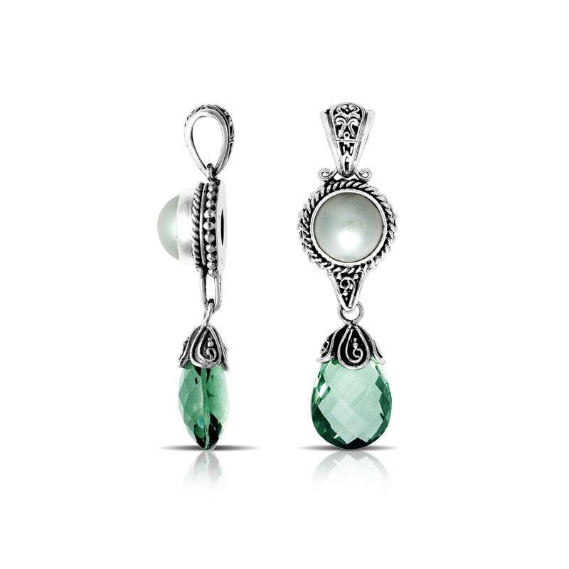 Wholesale silver pendant with Mabe pearl and green quartz drop, handcrafted in Bali.