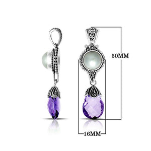 Wholesale silver pendant with mabe pearl and amethyst quartz drop, handcrafted in Bali.