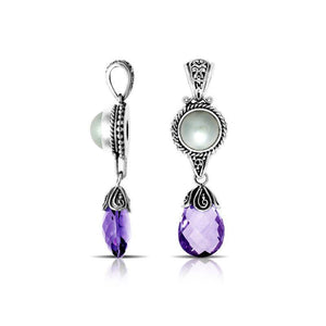 Wholesale silver pendant with mabe pearl and amethyst quartz drop, handcrafted in Bali.