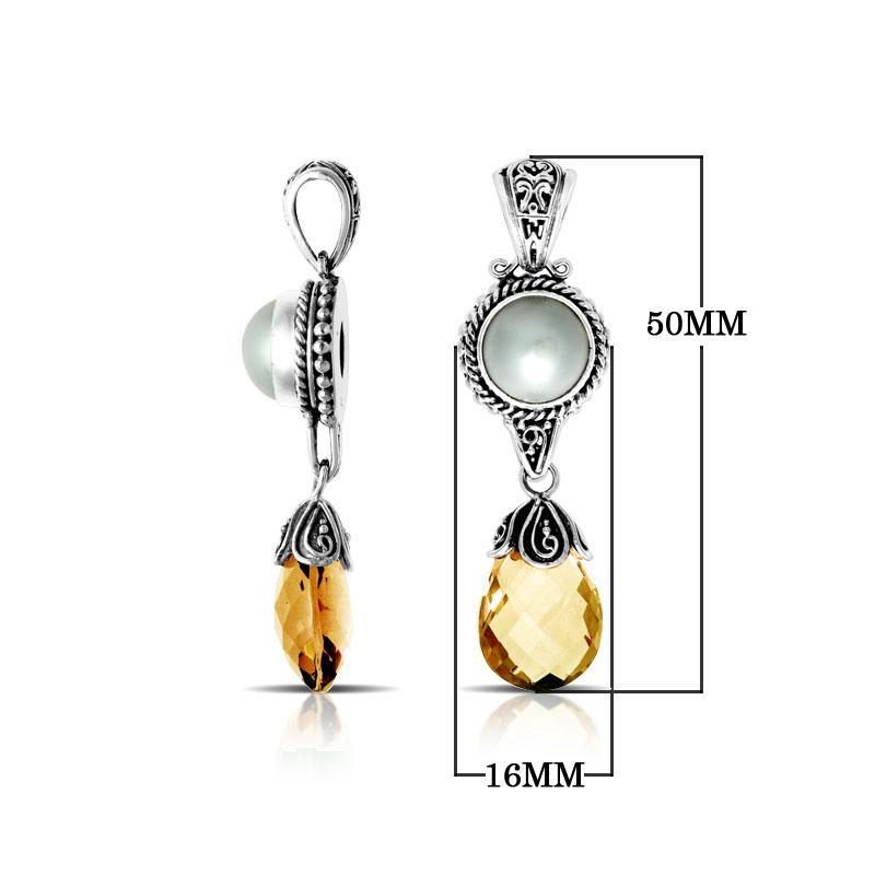 Wholesale sterling silver pendant with Mabe Pearl and Citrine Quartz drop, handcrafted in Bali.
