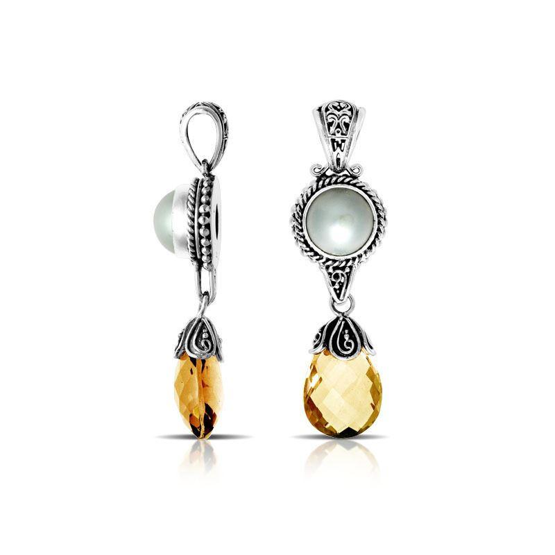 Wholesale sterling silver pendant with Mabe Pearl and Citrine Quartz drop, handcrafted in Bali.