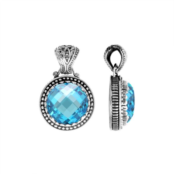 Blue Topaz Quartz pendant in 925 sterling silver with Balinese handcrafted detailing, wholesale jewelry.