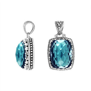 Blue Topaz Quartz cushion-cut pendant in sterling silver with Balinese handcrafted detailing, wholesale jewelry.