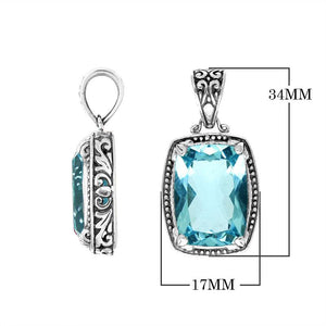 Blue Topaz Quartz rectangular pendant in 925 sterling silver with Balinese handcrafted detailing, wholesale jewelry.